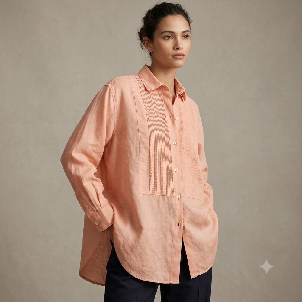 90s Arleen Bowman 100% Linen Pintuck Shirt Womens Sz L Peach Button Up Oversized